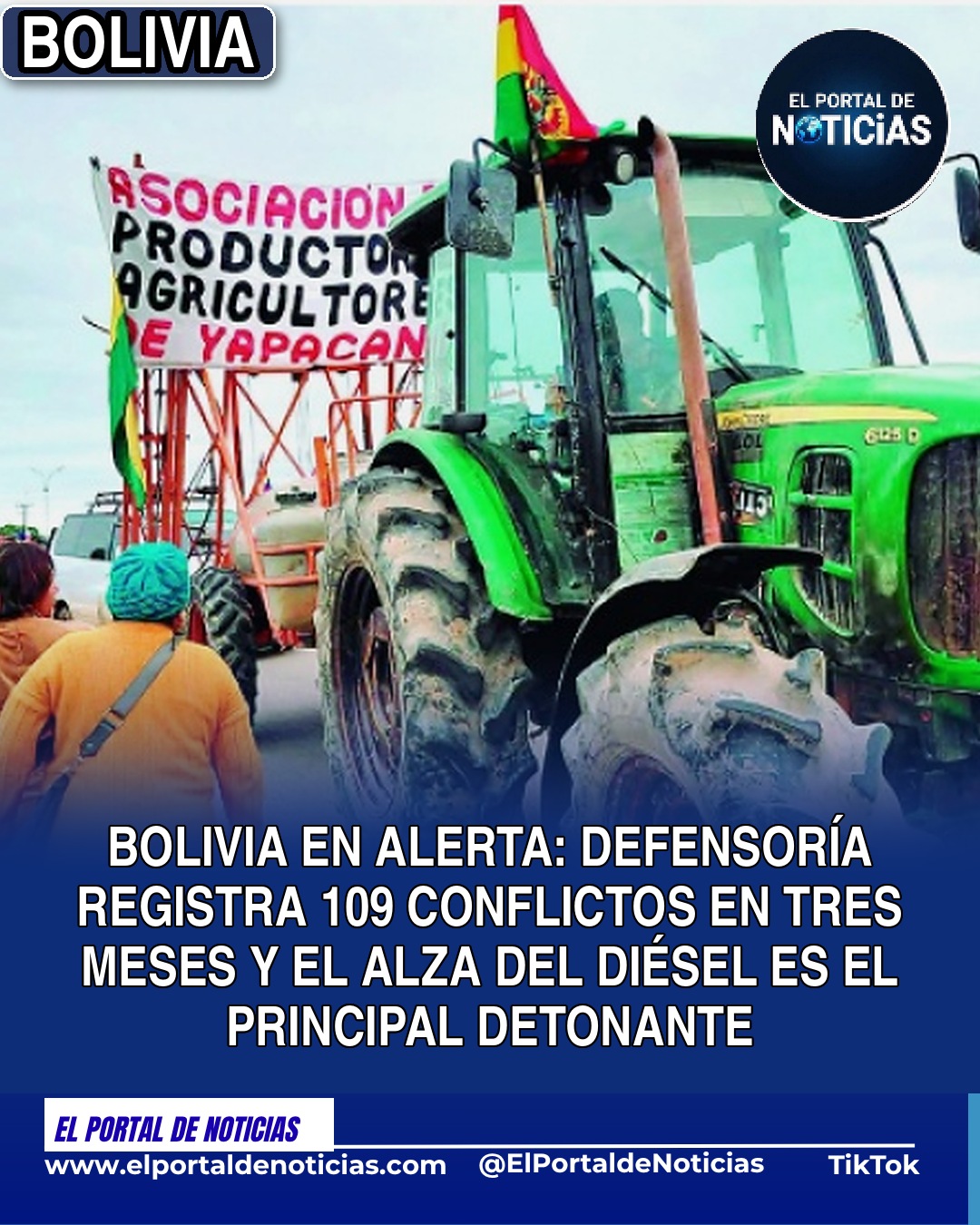 Productores agrícolas de Yapacaní con tractores en un bloqueo contra el alza del diésel