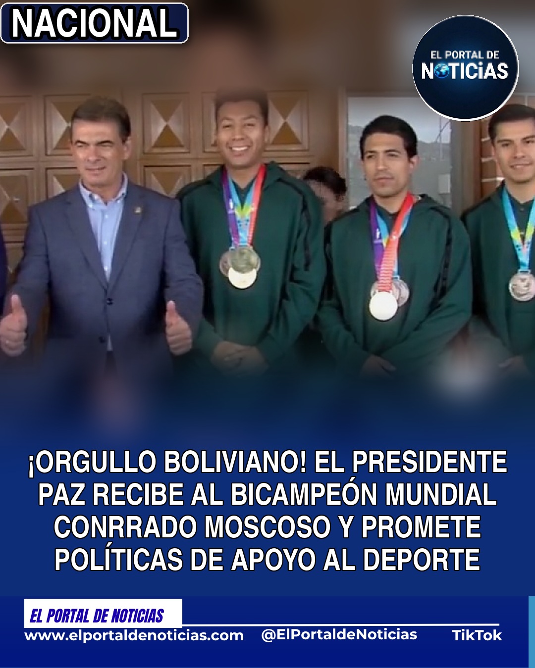 El presidente Rodrigo Paz junto a Conrrado Moscoso y otros raquetbolistas bolivianos
